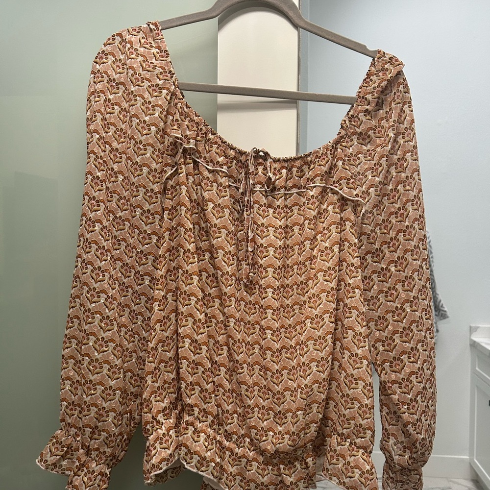 DR2 Tan Ruffled Blouse with Billowy Sleeves